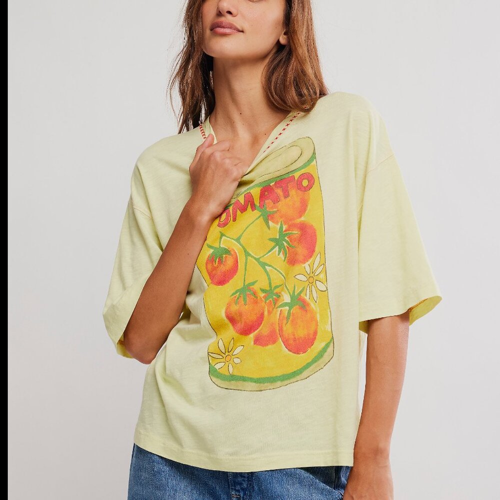 Free People Yellow Graphic Short Sleeve Tee with Red-Orange Tomato Print